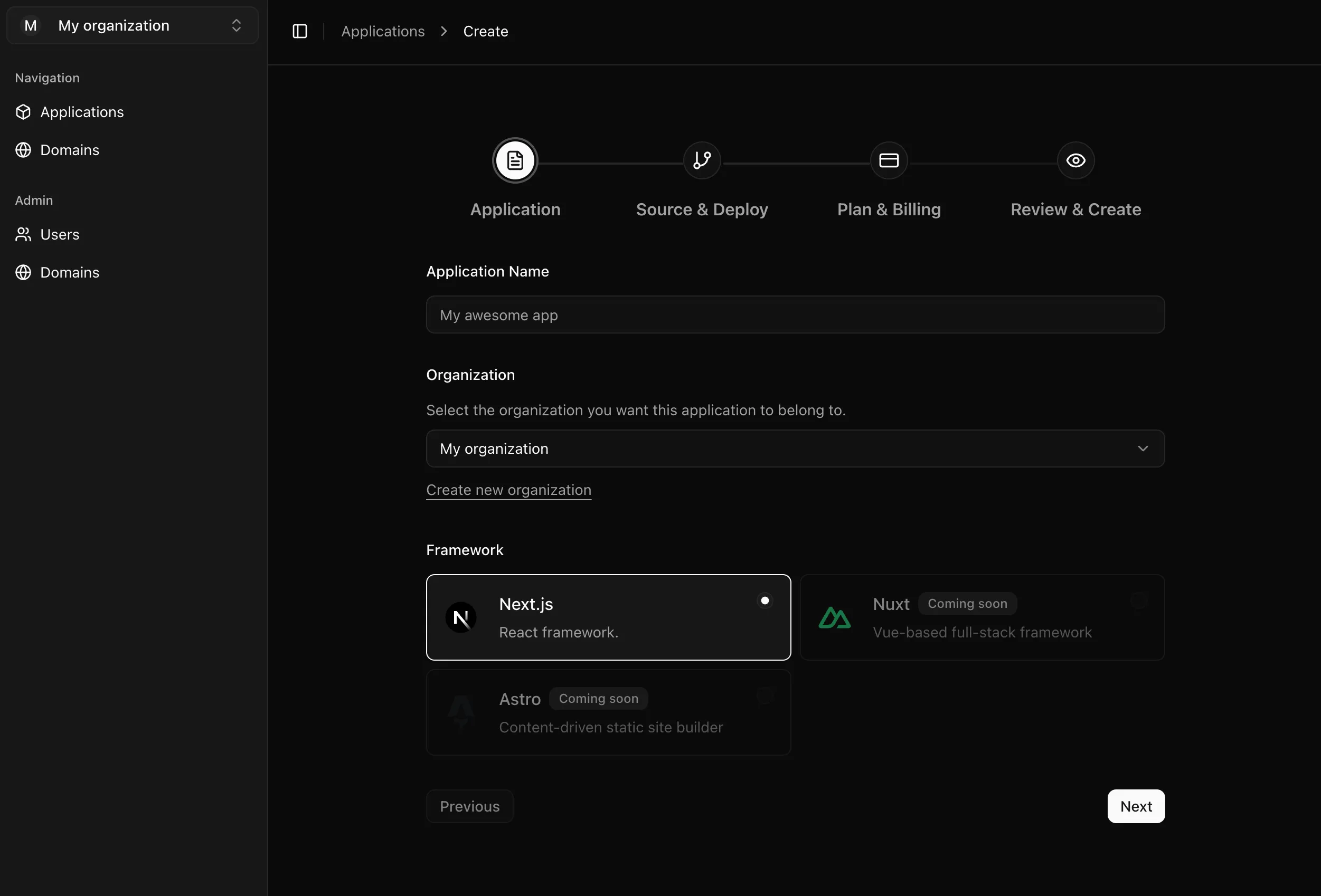 Velumi panel — create application