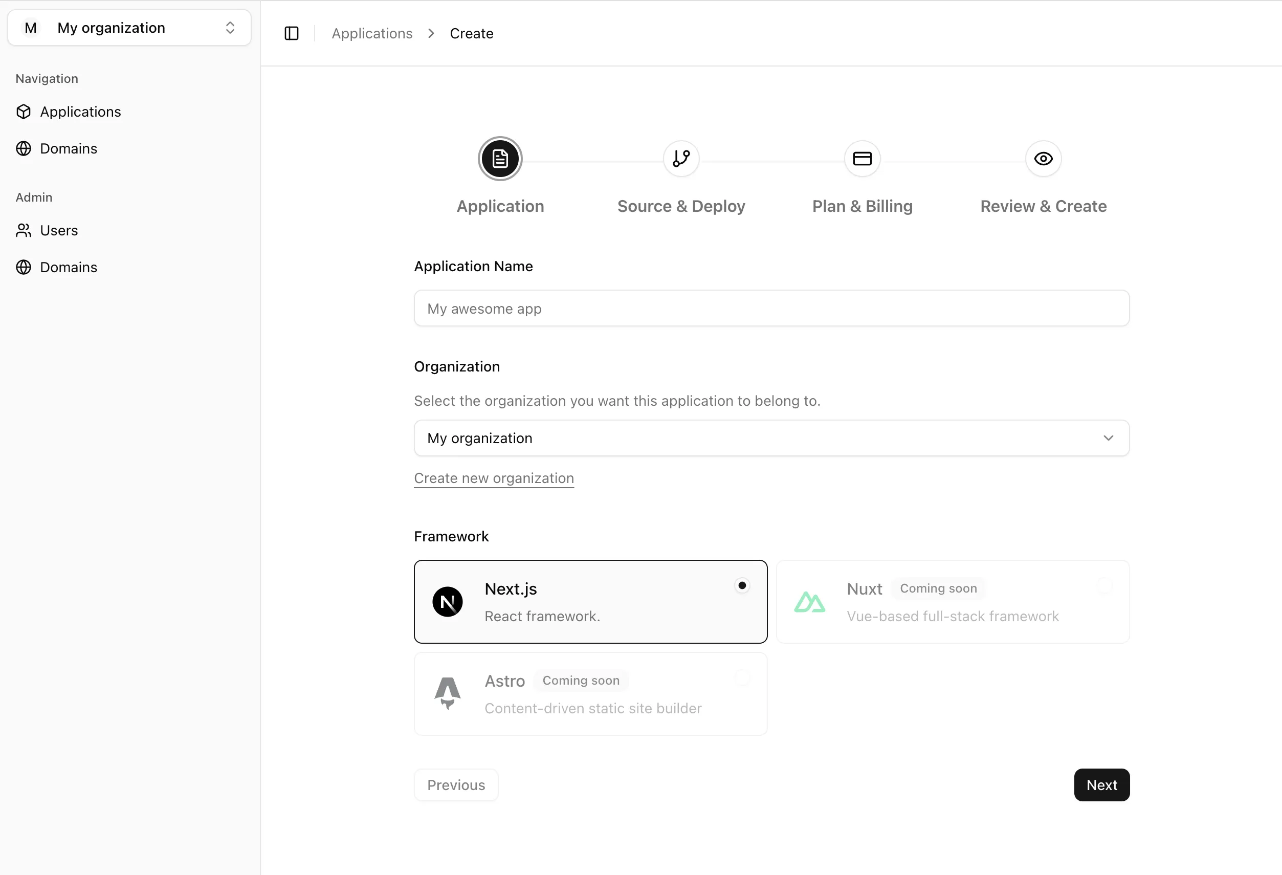 Velumi panel — create application